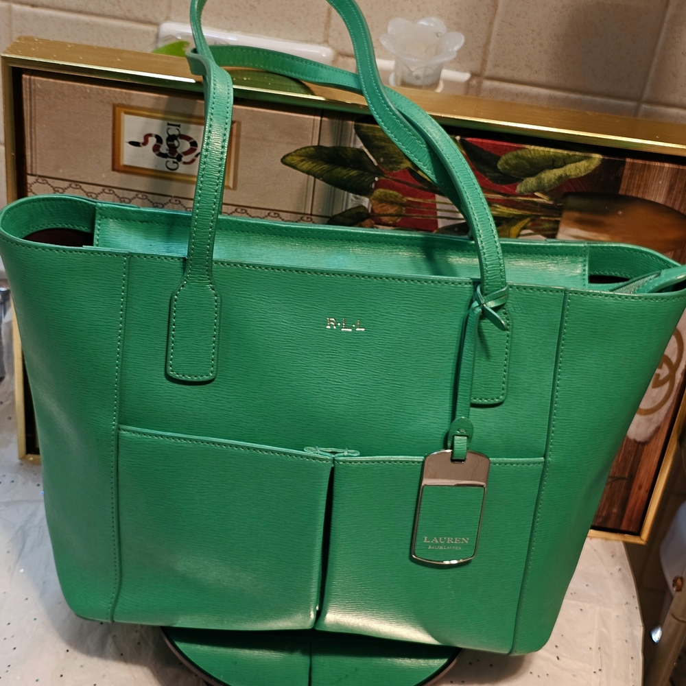 Lauren Ralph Lauren Green and Silver Tote Bag with Modern Design
